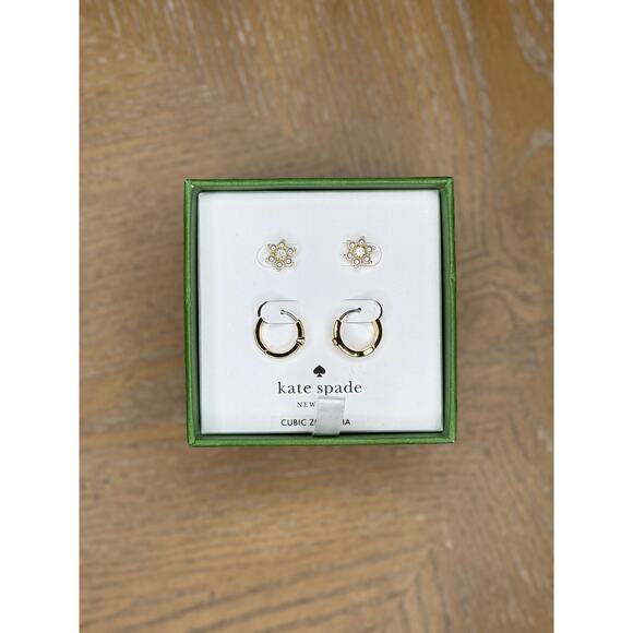 kate spade Jewelry - Kate Spade New York Gold Hoop & Floral Stud Earrings Set Cubic Zirconia Boxed
